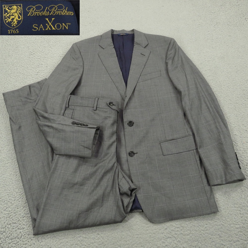 Brooks Brothers Suit 39L Regent Saxxon 3/2 Roll Gray Check Wool 34x32 USA